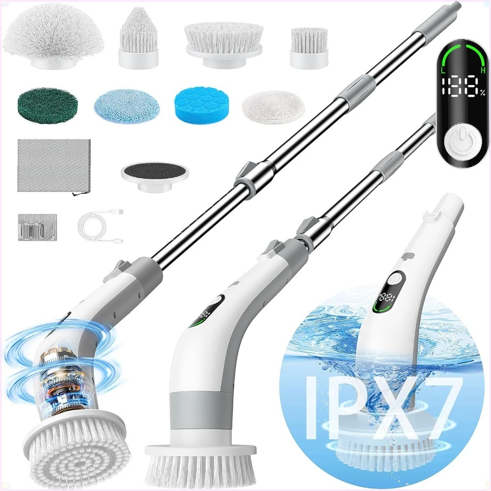 

Электрическая вращающаяся щетка для чистки с LED-дисплеем, 2 часа работы, два режима скорости, регулируемая ручка и 8 насадок.