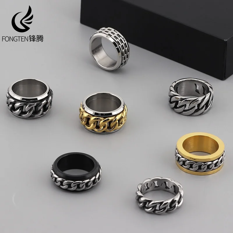 Fongten Cuban Chain Rings For Men Stainless Steel Cocktail Ring Male Gold Silver Color Jewelry Wholesale