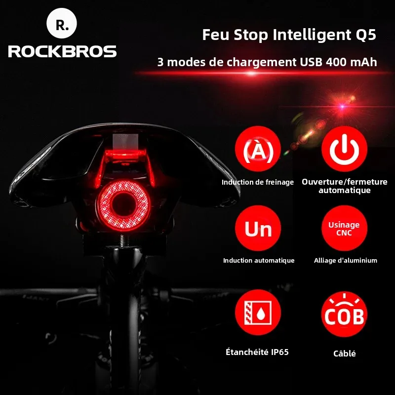 Feu arrière intelligent ROCKBROS pour vélo, détection automatique de freinage, étanche IPX6, lampe arrière de cyclisme LED, recharge USB, feu arrière de sécurité pour vélo Q5