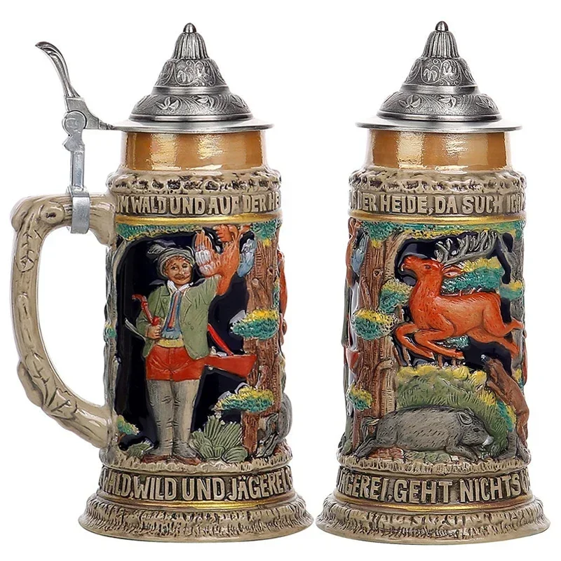 600ml German Beer Mug with Lid Germany Engraved Hunting Life Tankard Beer Stein for Men's Dad's Gifts