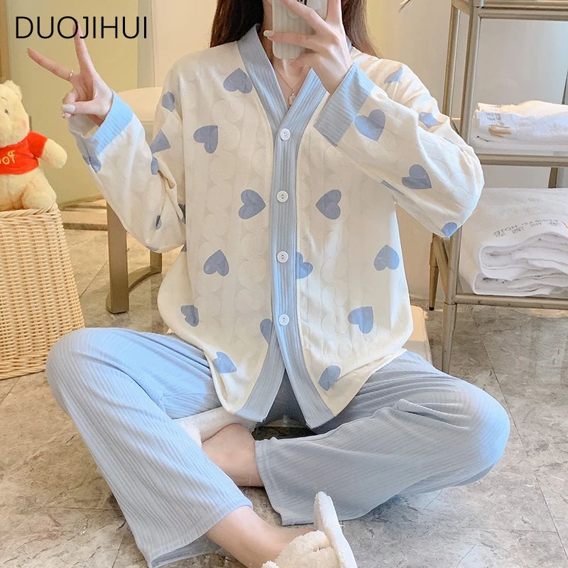 DUOJIHUI Autumn Two Piece Sweet Simple Female Pajamas Set V-neck Cardigan Basic Loose Pant Fashion Casual Home Pajamas for Women