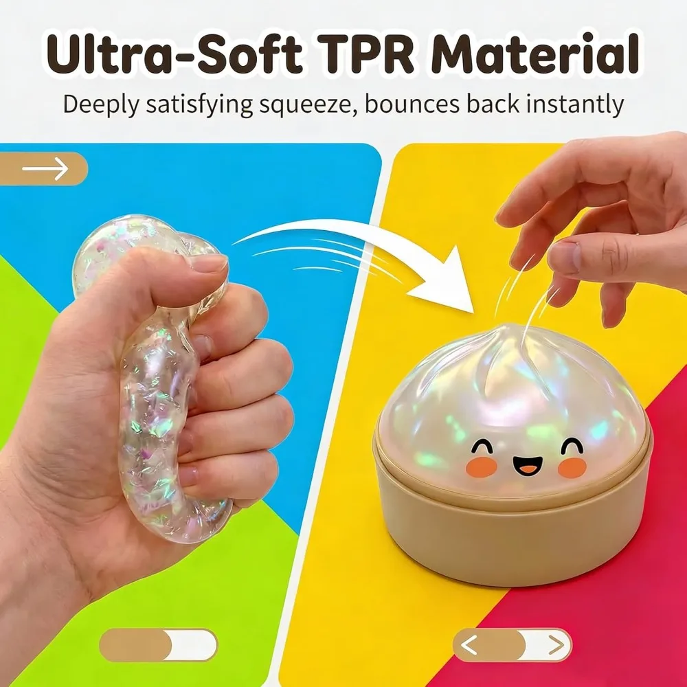Smile Face Dumpling Stress Ball Kawaii Squeezable Dough Toy Steamer Base Birthday Gift For Children Girl Boy Adult Blue Glitter