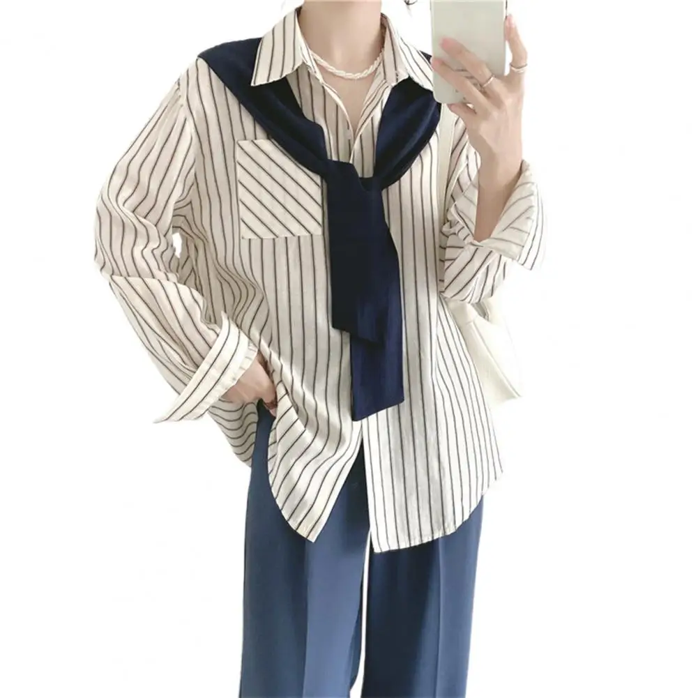 Women Shirt Women Vertical Stripe Shirt Style Women's Long Sleeve Striped Shirt with Lapel Collar Fake Two-piece Design for Work