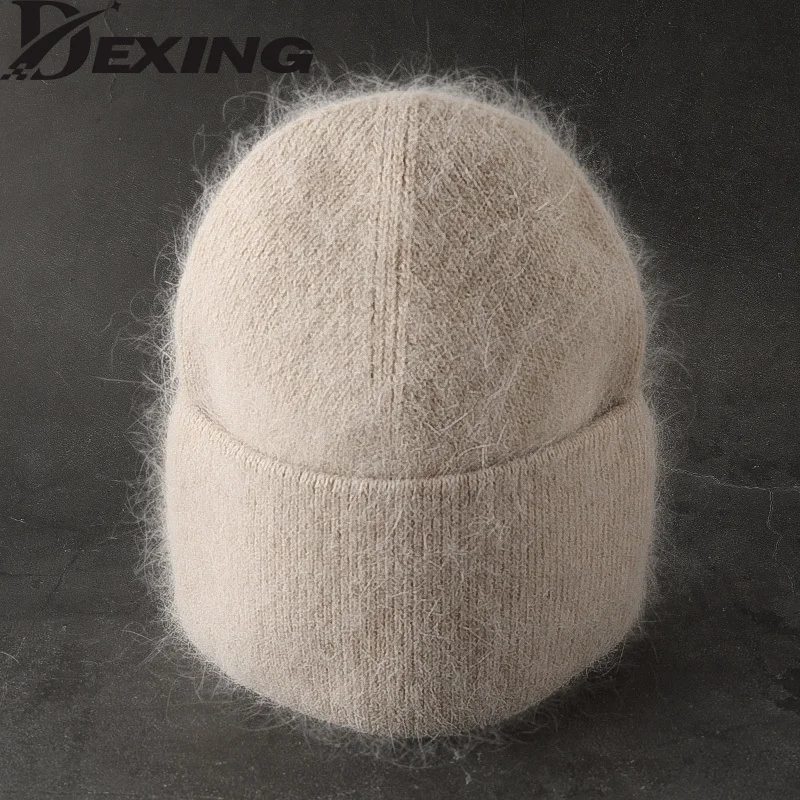 2024 Angora czapka zimowa dla kobiet futro królika puszyste czapki z dzianiny kapelusz Bonnet kobiece miękkie ciepłe czapki narciarskie Skullies