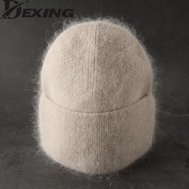 2024 Angora czapka zimowa dla kobiet futro królika puszyste czapki z dzianiny kapelusz Bonnet kobiece miękkie ciepłe czapki narciarskie Skullies