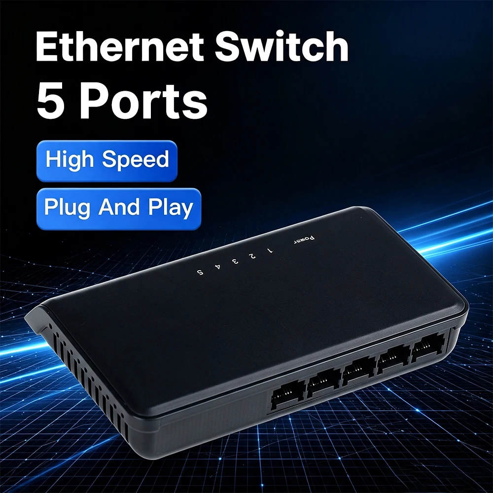 5 Port Fast Ethernet Switch 10/100Mbps Network Switch Plug and Play Desktop Hub for Home Office School LAN Internet