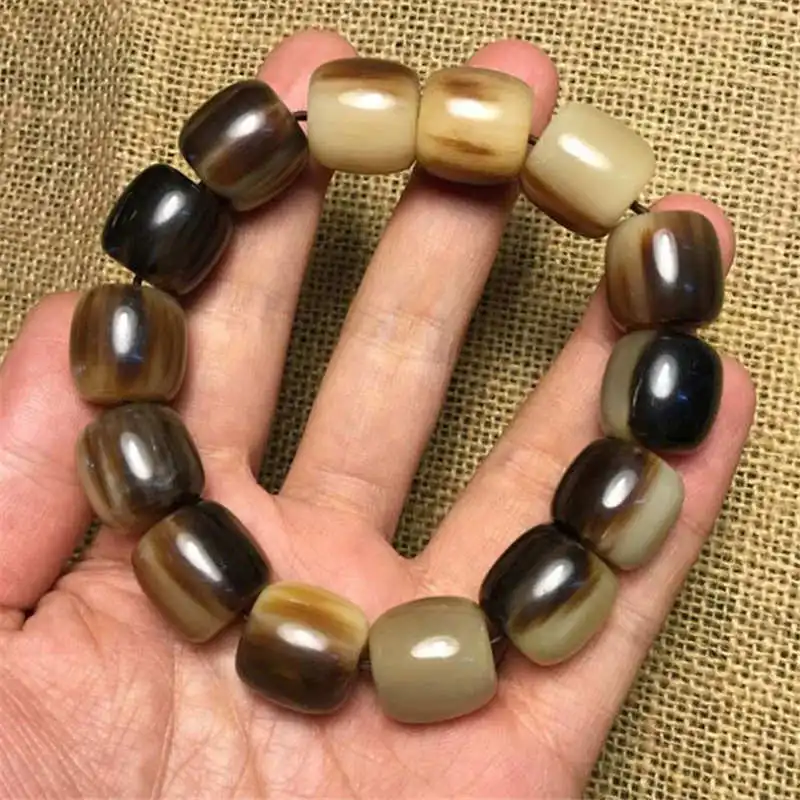 16mm 14Beads Natural Cattle Horn Beaded Bracelets for Man Barrel Beads BB-223