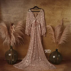 Don&Judy Boho Sequin Maternity Dress Photoshoot Sparkly Robe Sequin Tulle Maxi Gown Woman Dresses Party Prom Photo Shoot Clothes