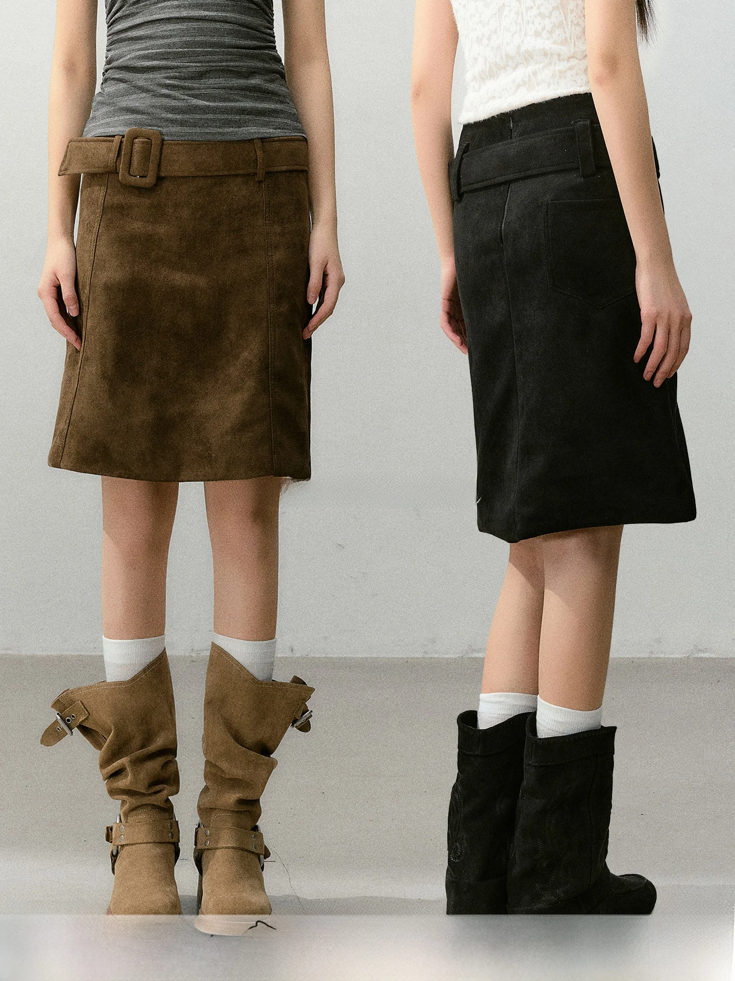 

CyNi Retro Suede Patchwork Straight Leg mid Skirt Simple Commute f Skirt Polyester Fiber mid Waist H pe Spring 2026