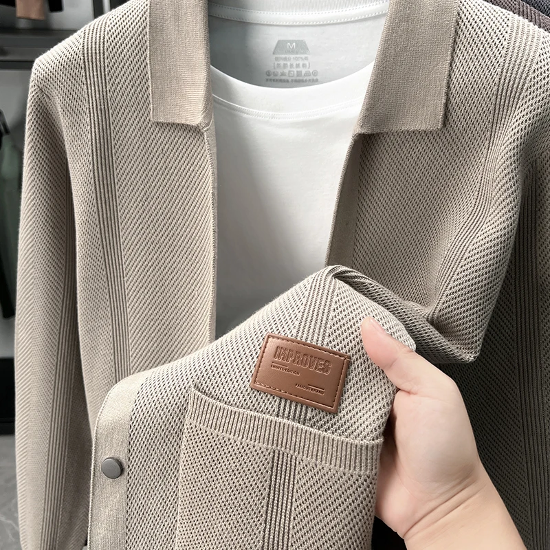 Men's Knitting High Quality Autumn Winter Knit Cardigan Single-Breasted Lapel Leather Label Long Sleeves Sweater Leisure Coat