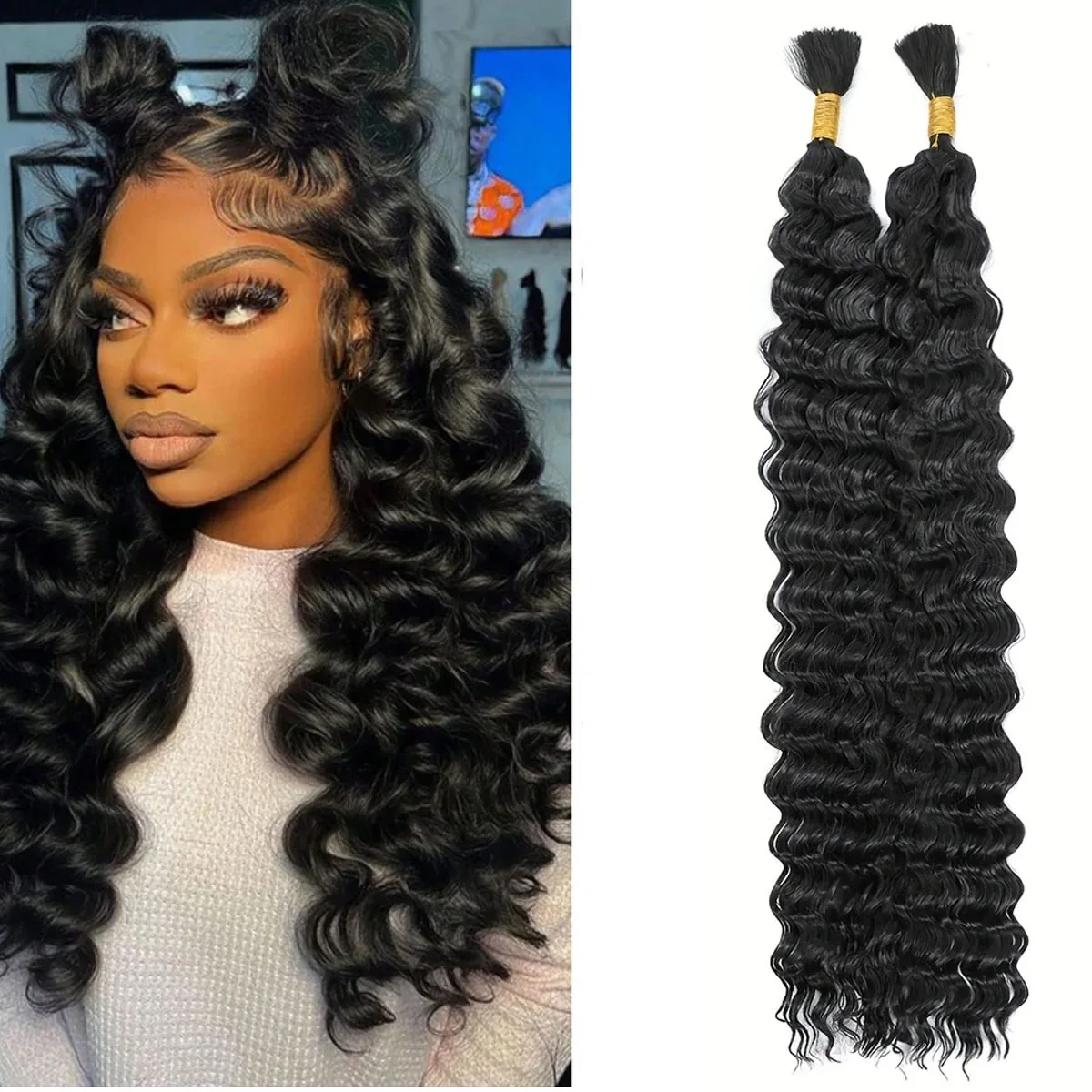 

Synthetic 18inch Deep Wave Hair Bulk for Boho Braids Wholesale Hair Extensions Black Color Curlly Hair