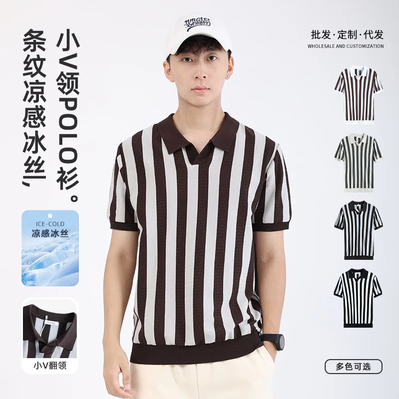

Men's summer luxury knitted Polo (short - sleeve, button - down) paired with striped T - shirt exudes vintage business elegance
