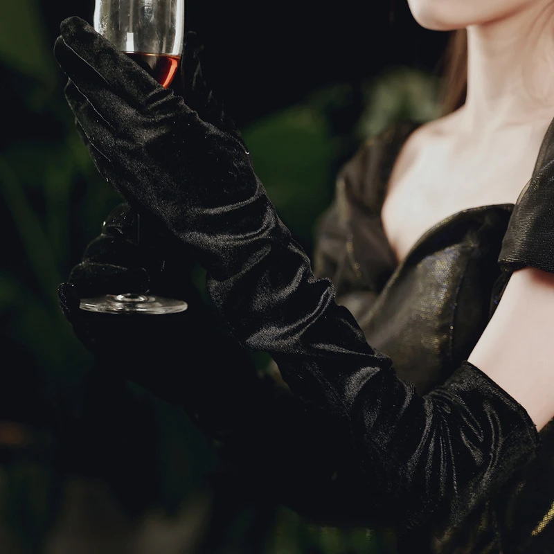 Black Satin Velvet Long Full Finger Gloves, Retro Hepburn Style Bridal Gloves, Stretch Spandex Gloves for Evening Wedding Party