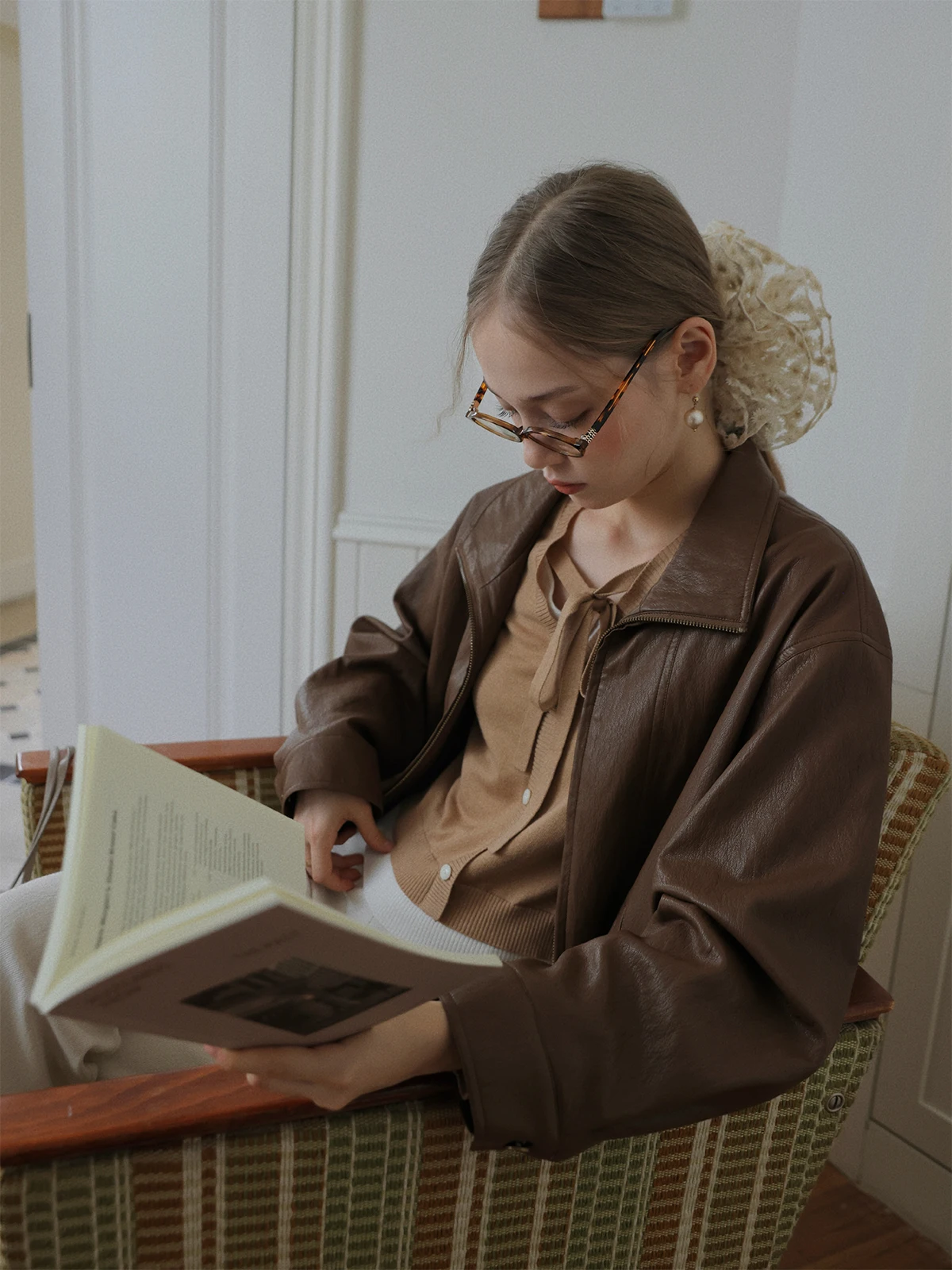 Miss Squirrel Flower Bud lederen jas Casual zachte sensatie High-end gevoel Dames leren jas voor vroege herfst met ritssluiting