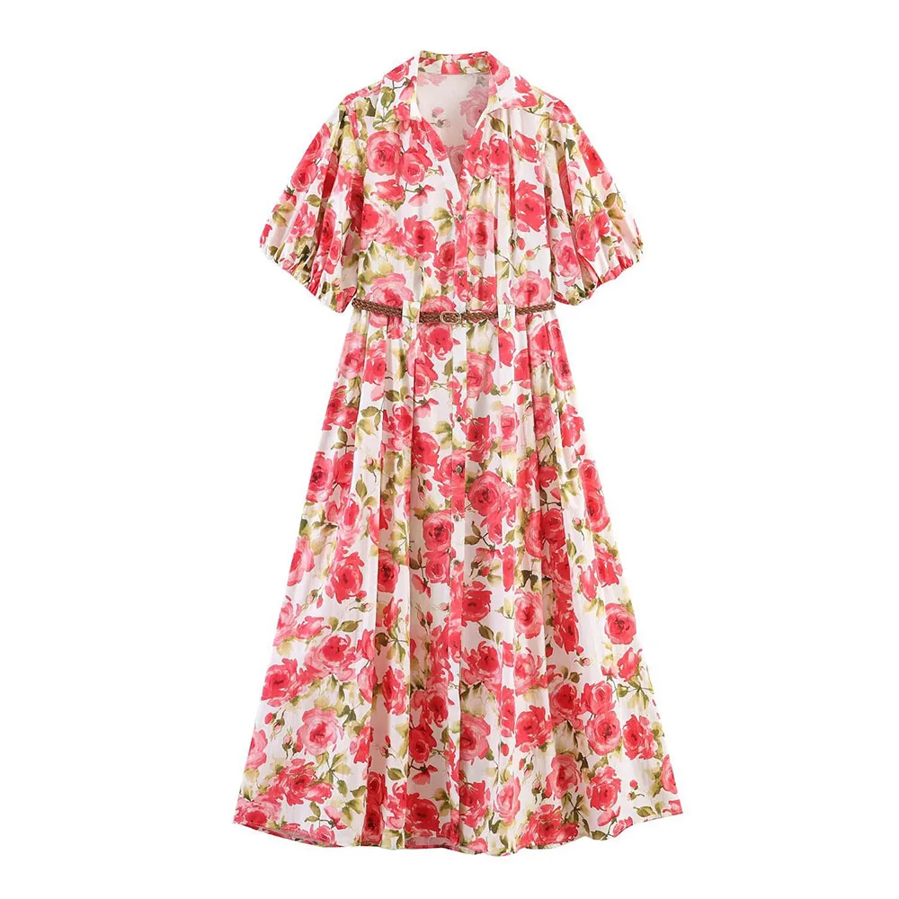 New Floral Pattern Dress Waist Belt A Line Skirt Colorful Fashion Short Sleeve Long Dress Daily Casual Dresses For Women