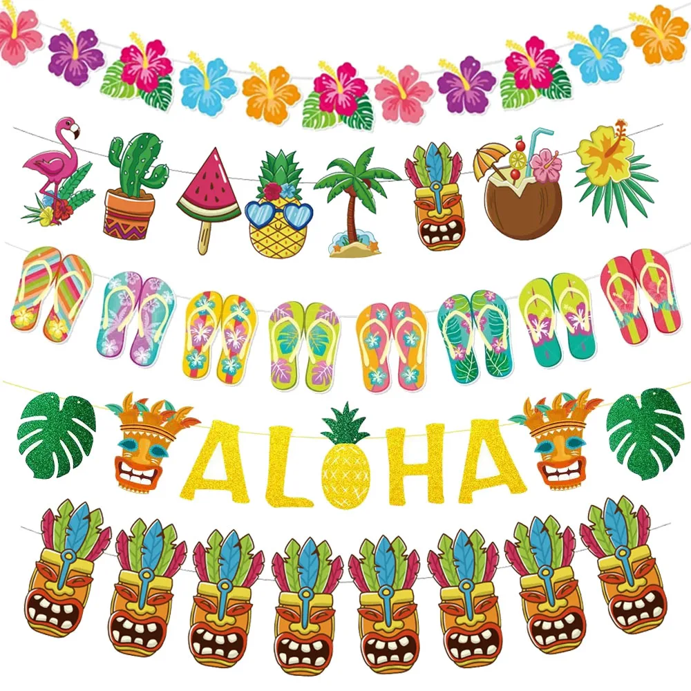 

Summer Hawaii ALOHA Happy Birthday Hanging Banner Flamingo Pineapple Palm Flower Bird Flag Tropical Luau Beach Party Decorations