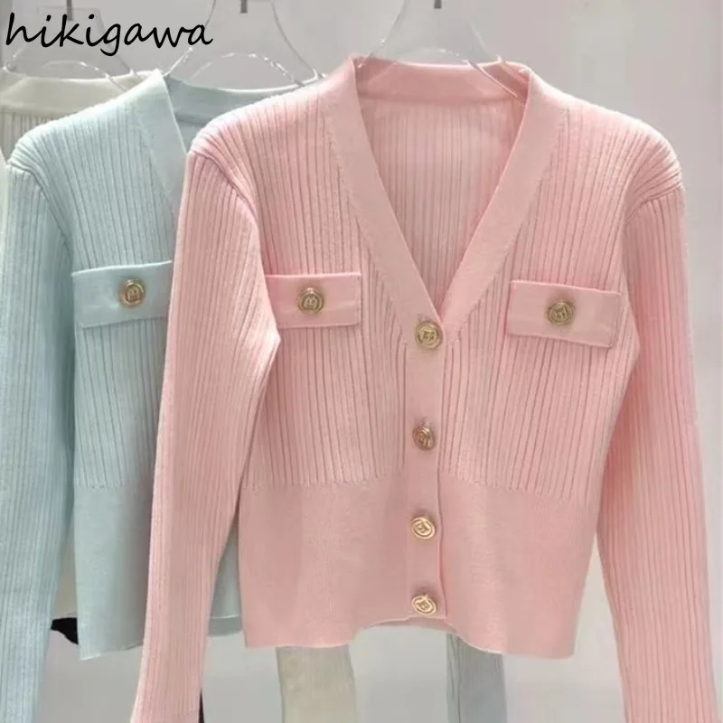 Knitwear Cardigan Jackets Women Clothing V-neck Long Sleeve Pink Sueter Mujer Fashion Knitted Cropped Sweater Tops Pull Femme