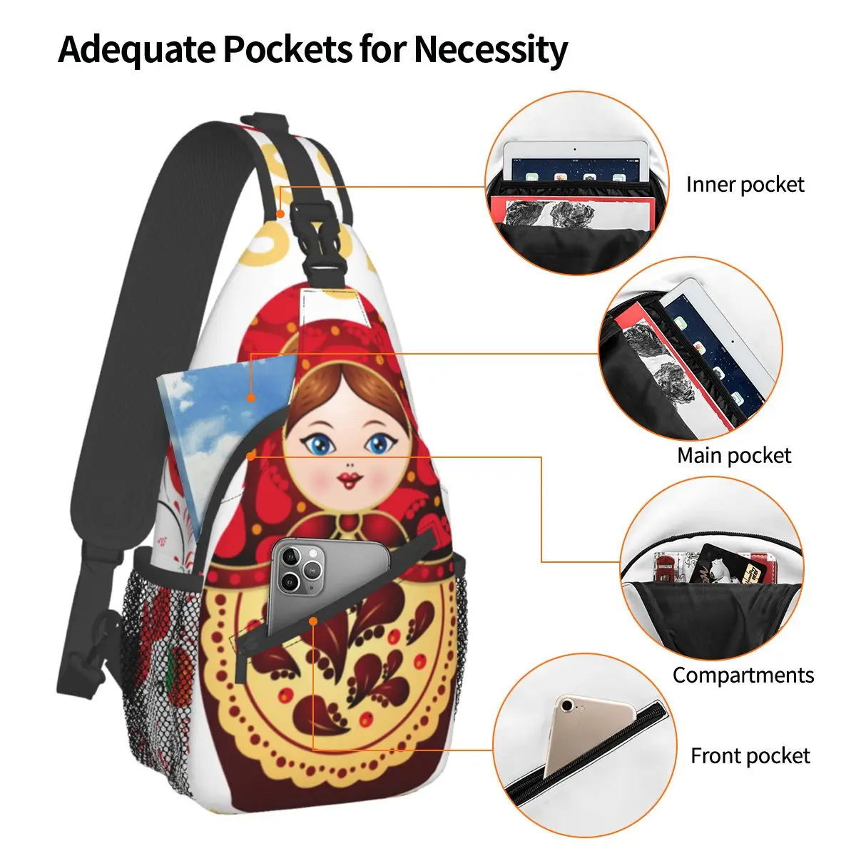 Matryoshka Doll Russian Sling Bags Chest Crossbody Shoulder Backpack Outdoor Hiking Daypacks Khokhloma Fashion Bags