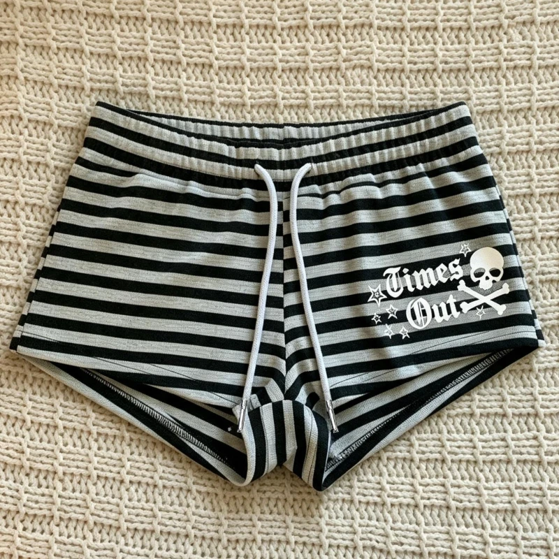 Y2K Women Mini Striped Skull Print Shorts Summer Low Rise Gyaru Elastic Waist Grunge Short Pants Hot Bottom 2000s Alt Clothes