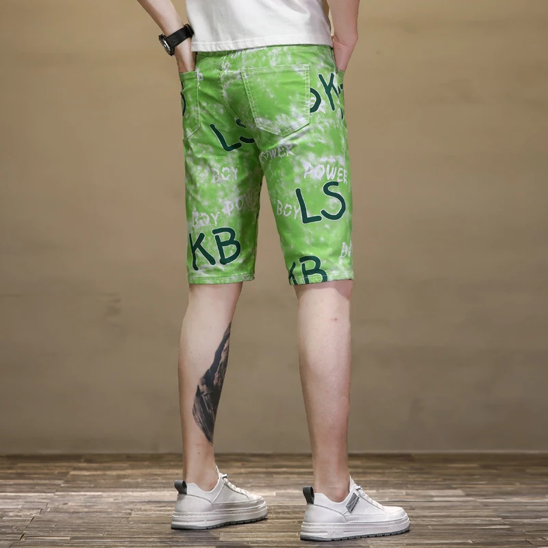 Summer Thin in Green Stretch Personality Printed Middle Pants Men's Slim Fit Fashion Straight Casual Cropped Beach Pants