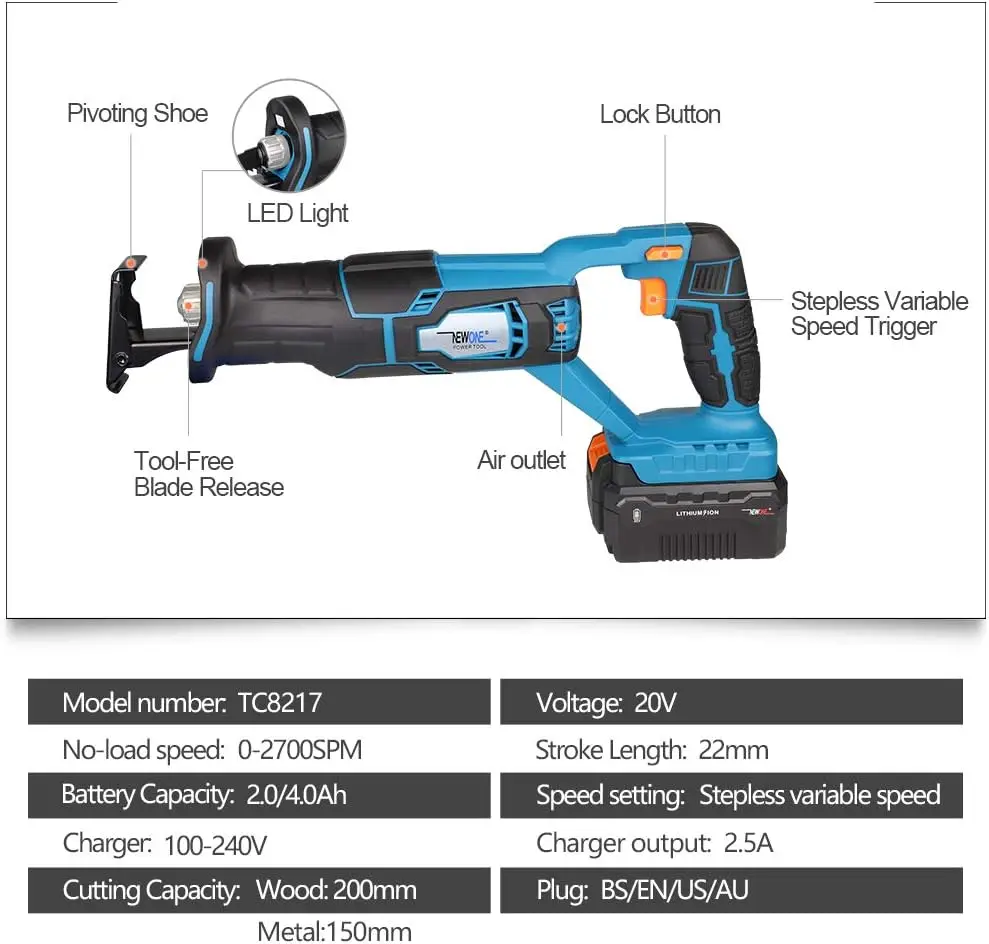 Newone 20V Reciprocating Saw Zall Saw Cut-Off Tool With 2.5A Charger,Led Working Light, Tool-Free Blade Change, 7Pcs Saw Blades