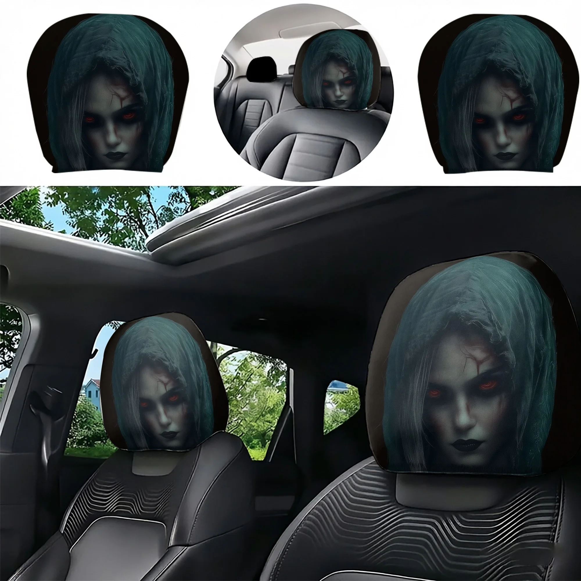 2pcs Gothic Hooded Girl Car Headrest Covers—bring a spooky, dark style to your car’s interior. Not filled. Easy to install.