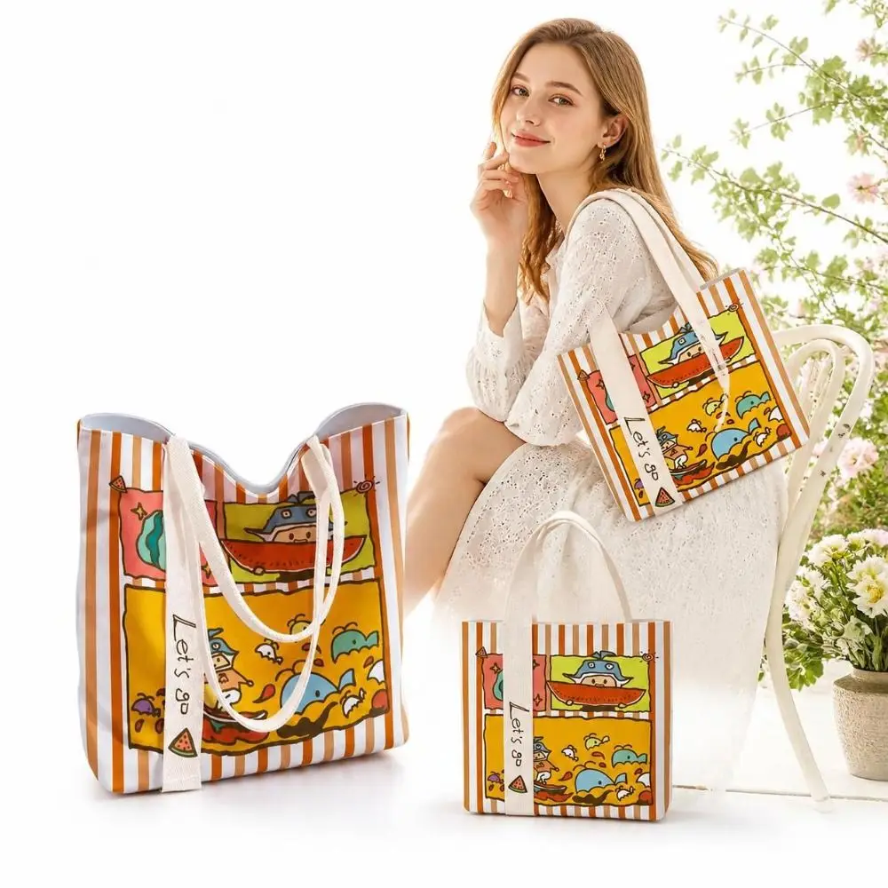 Cute Cartoon Watermelon Prints Canvas Bag Reusable Large Capacity Shoulder Bag Versatile Lightweight Lunch Bag Ladies and Girls