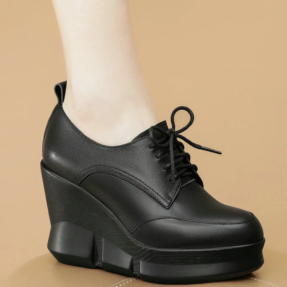 

Chunky Platform Pumps Shoes Women Lace Up Genuine Leather Wedges High Heel Ankle Boots Female Round Toe Sneakers Casual Shoes