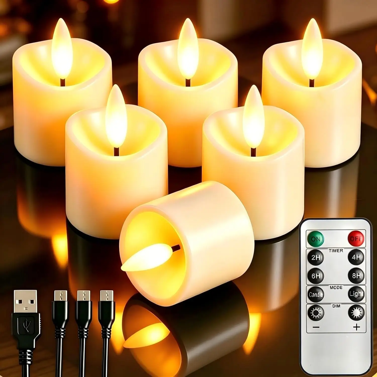 Rechargeable Flameless Tea Lights with Timer & Remote, 1.5"x2.2" Flickering Candles for Wedding, Party, Home Decor (6 Pack)