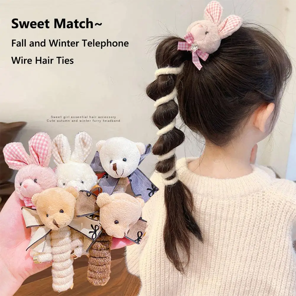 Corda de cabelo de pelúcia das crianças dos desenhos animados pequeno urso telefone fio laço de cabelo menina hairband menina acessório de cabelo não vai danificar o cabelo