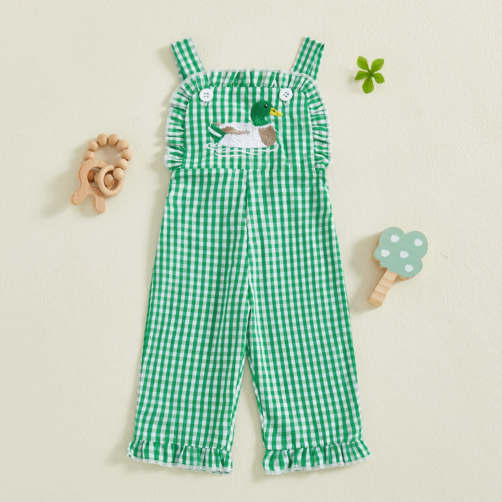Toddler Baby Girl Plaid Jumpsuit Summer Sleeveless Cute Duck Embroidery Ruffle Decor Overalls