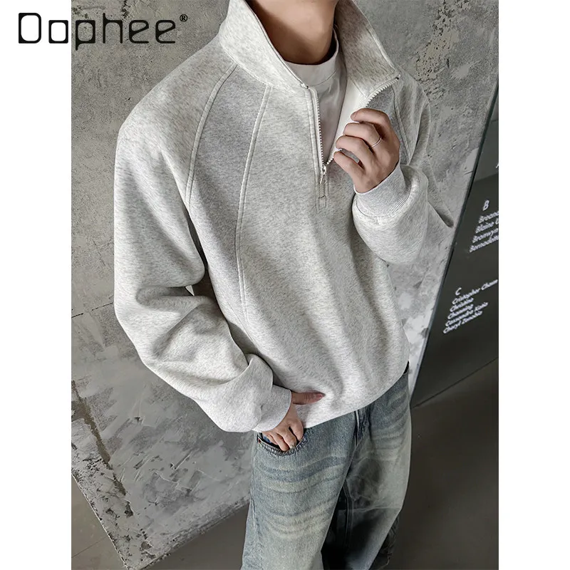 

Spring and Autumn Men's Ribbed Patchwork White and Gray Casual Sweatshirt American Style Half-Zip Stand Collar Black Top