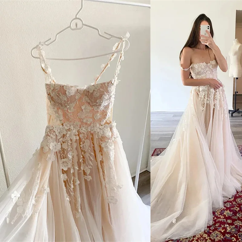 

MCDV 2025 A Line Wedding Dresses Bridal Gown with 3D Flower Lace Applique Two Straps Custom Made Charming Bridal Gowns