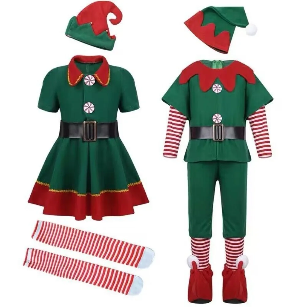 New Year 2024 Christmas Elf Costume Kid Adult Green Family Matching Outfits Xmas Suit Parent-Child Cosplay Clothing