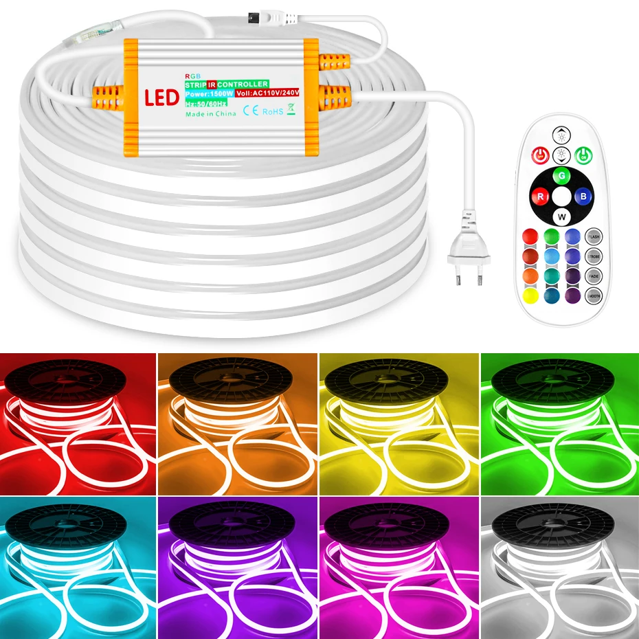 

220V LED Neon Strip Light Remote Control Dimmable RGB Neon Tape Outdoor Waterproof Led Ribbon with 4Pin 1500W EU Power Supply