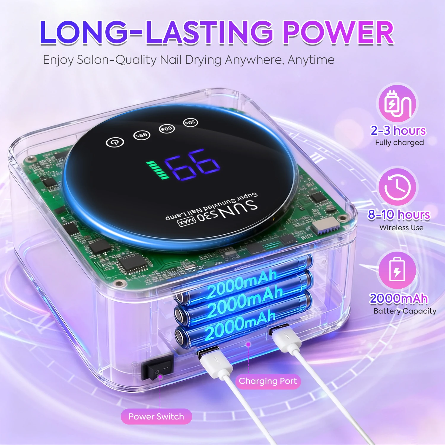 DianaBeauty UV LED Nail Lamp مجفف أظافر لاسلكي قابل لإعادة الشحن مع 3 إعدادات للمؤقت ومصباح الأشعة فوق البنفسجية بشاشة LCD كبيرة للأظافر