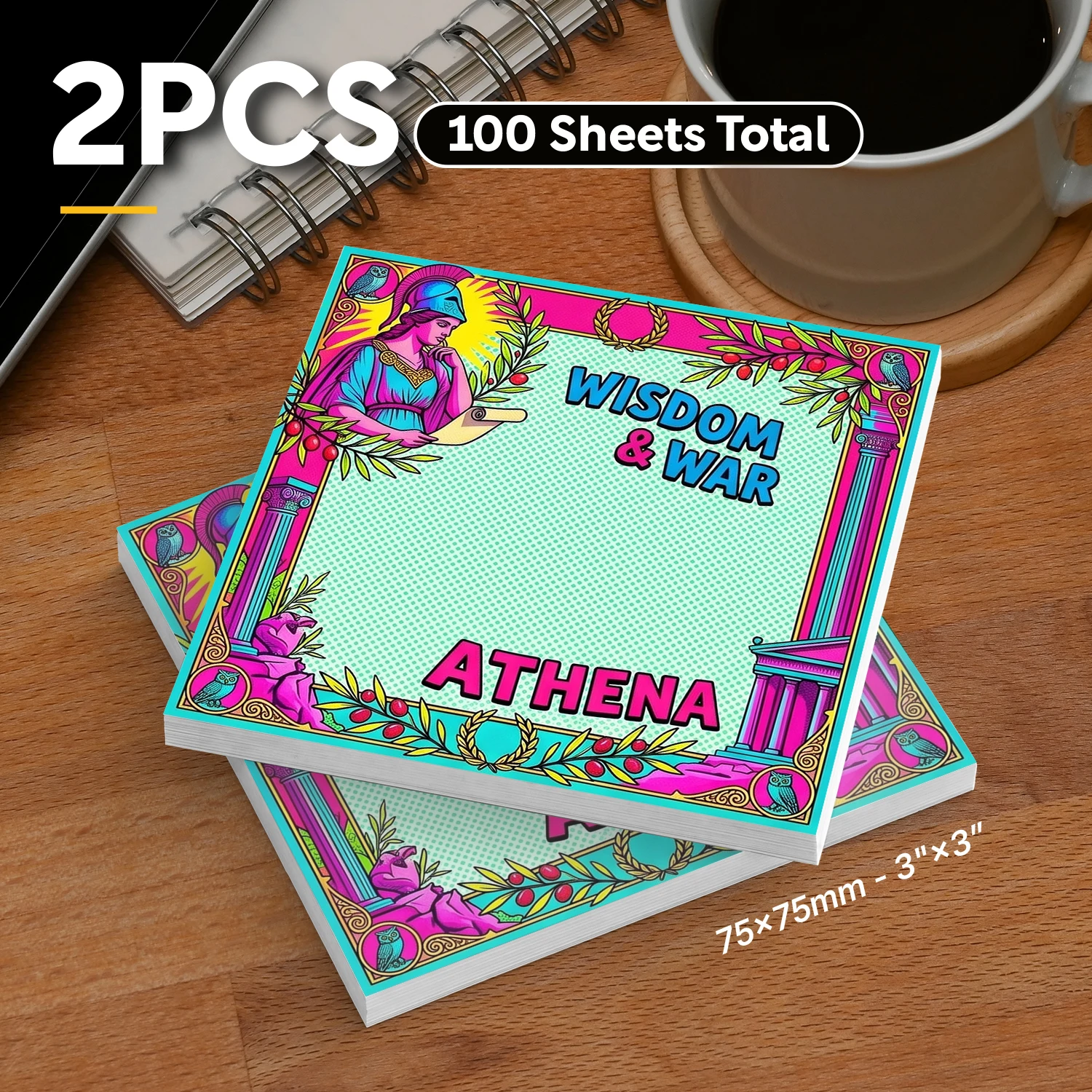 2pcs Athena Sticky Notes, Greek Mythology Goddess Memo Pads, 100 Sheets Total, Wisdom and War Themed Removable Self-Adhesive