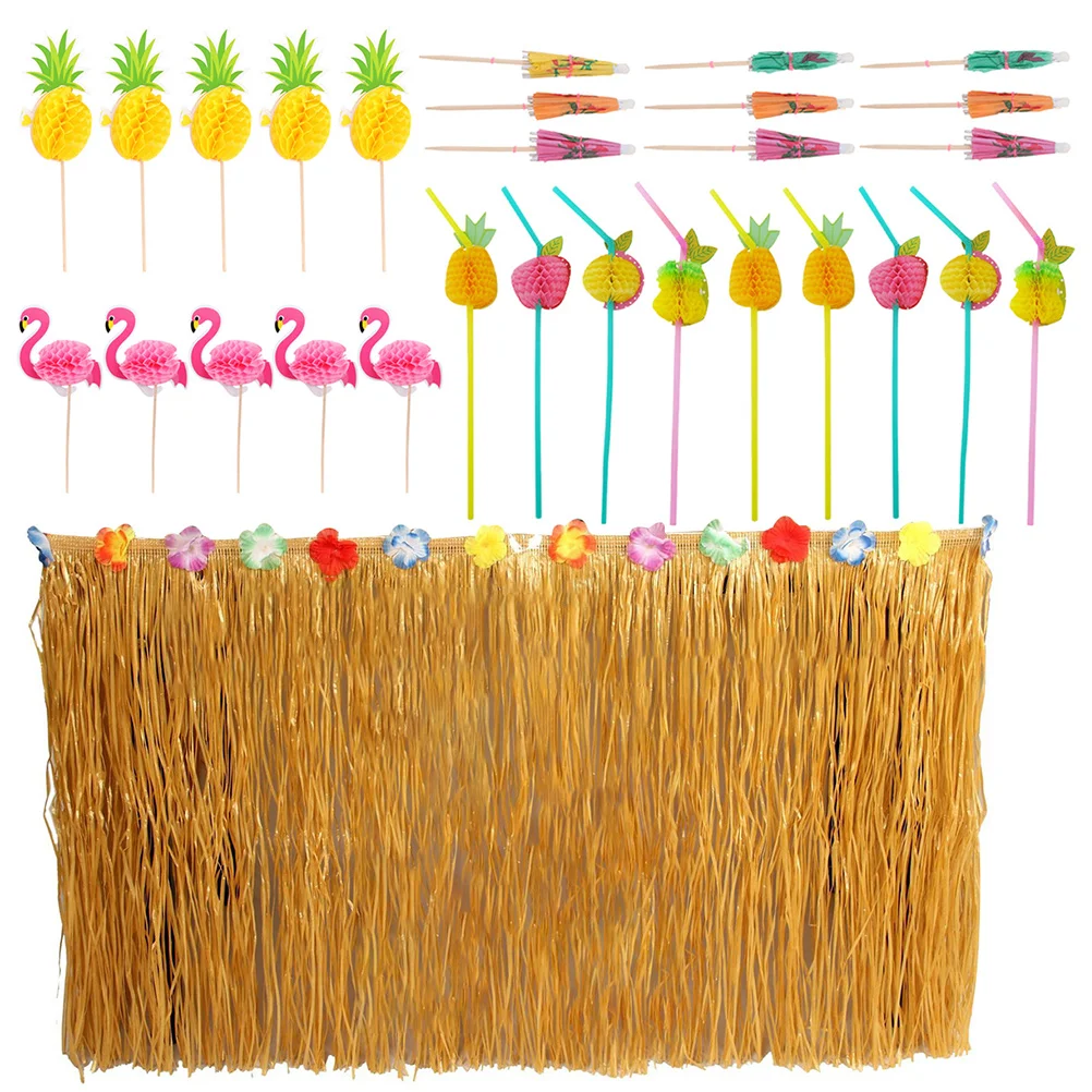 

1 set Hawaiian Party Decorations Table Skirt Straws Umbrella Signs Cake Toppers Reusable Party Supplies Bright Theme