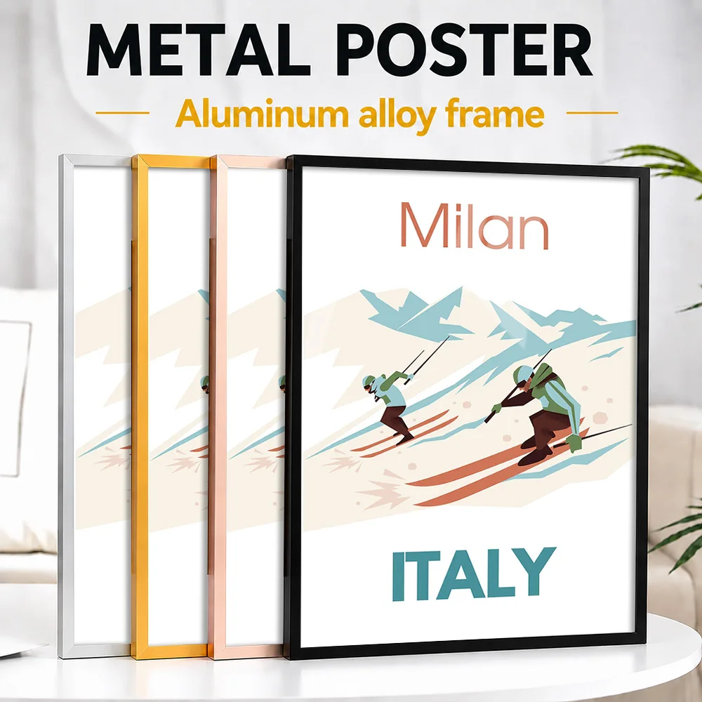 Milan Italy Skiing Vintage Framed Metal Poster Personalized Photo Warm Heritage Style Wall Art For Cabin Thoughtful Skier Gift