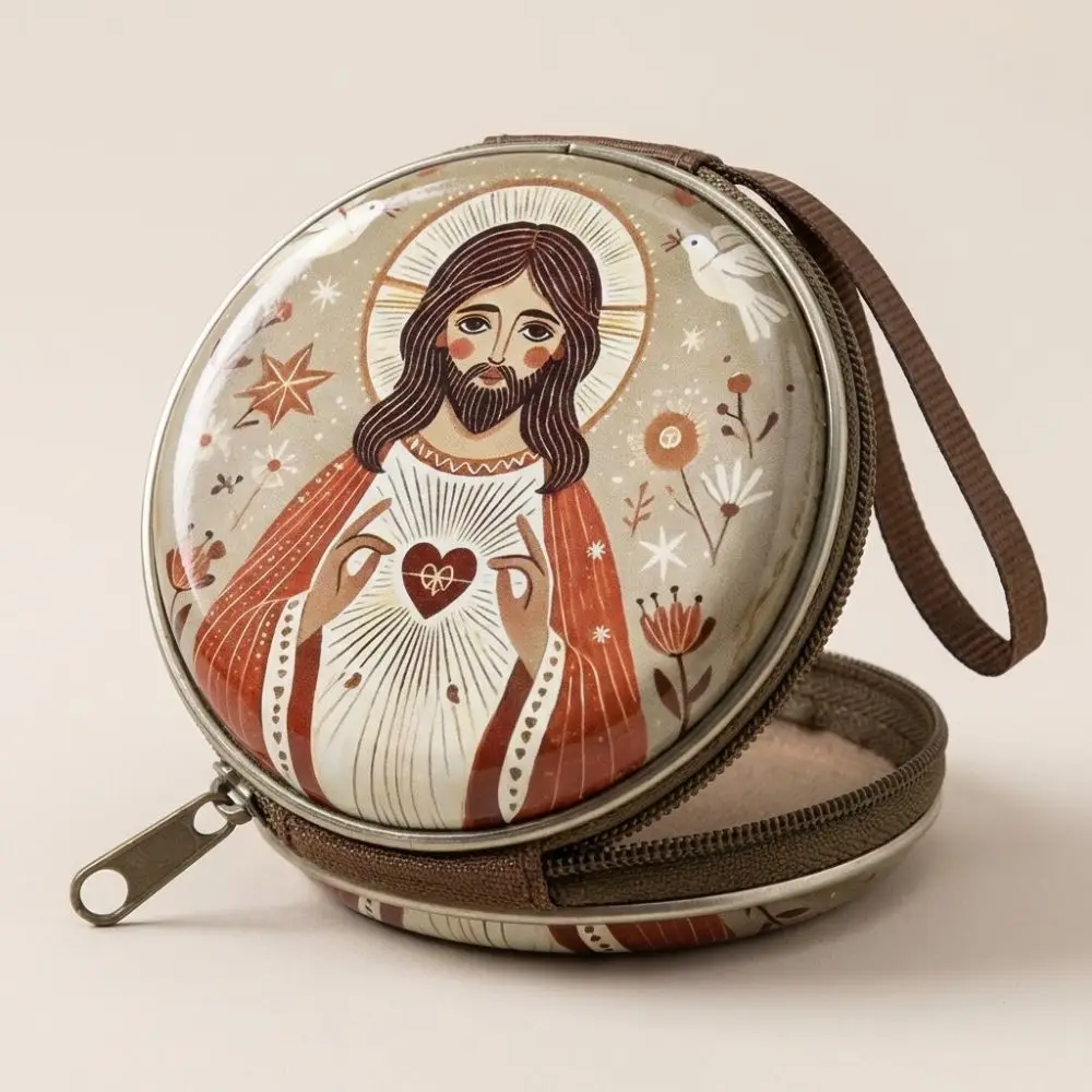Virgin Mary Prayer Rosary Storage Bag Iron Artwork Zippered Religious Jewelry Box Cartoon Elegant Prayer Kit Religious Articles
