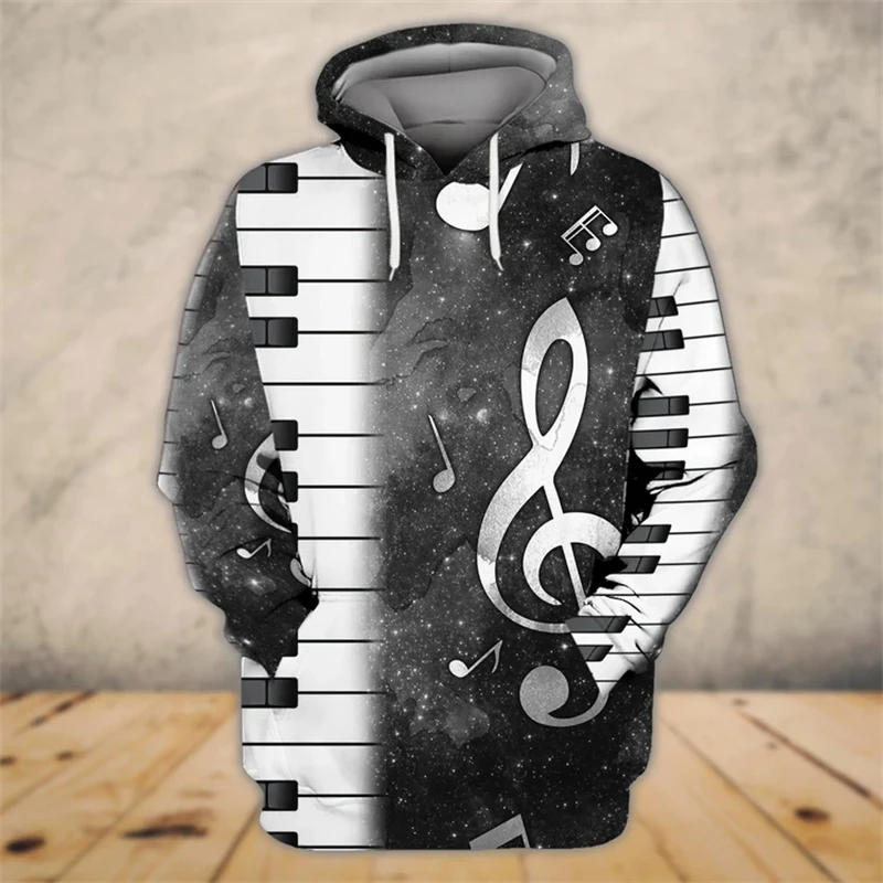 Vintage Hoodies For Men Piano Pattern 3d Printing Love Music Letter Tops Autumn Casual Long Sleeve Oversized Loose Sweatshirts