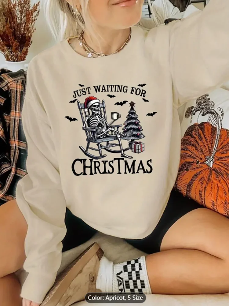 Womens Light Grey Sweatshirt with Just Waiting For Christmas Skeleton Graphic Print Casual Oversized Pullover Top Pure Cotton