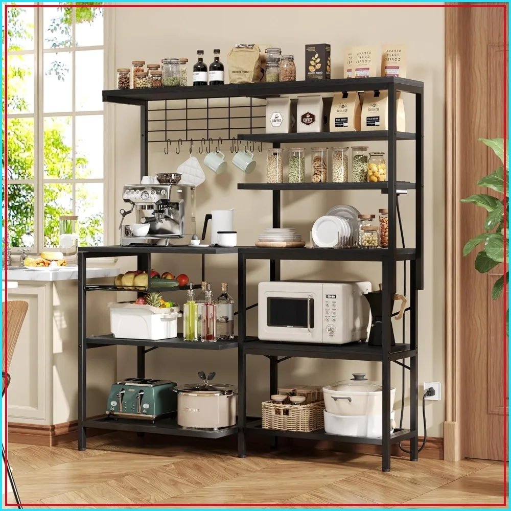 L-Shaped Bakers Rack with Power Outlet for Kitchen Storage, Industrial Corner Shelf, 5-Tier