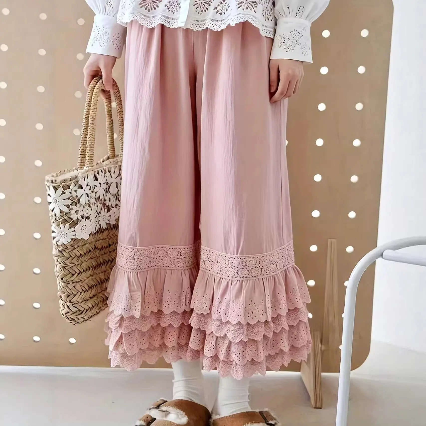 

2026 New Mori Women's Loose Lace Leggings Nine-point Pants Wide-leg Pants Sweet and Versatile Trendy and Soft