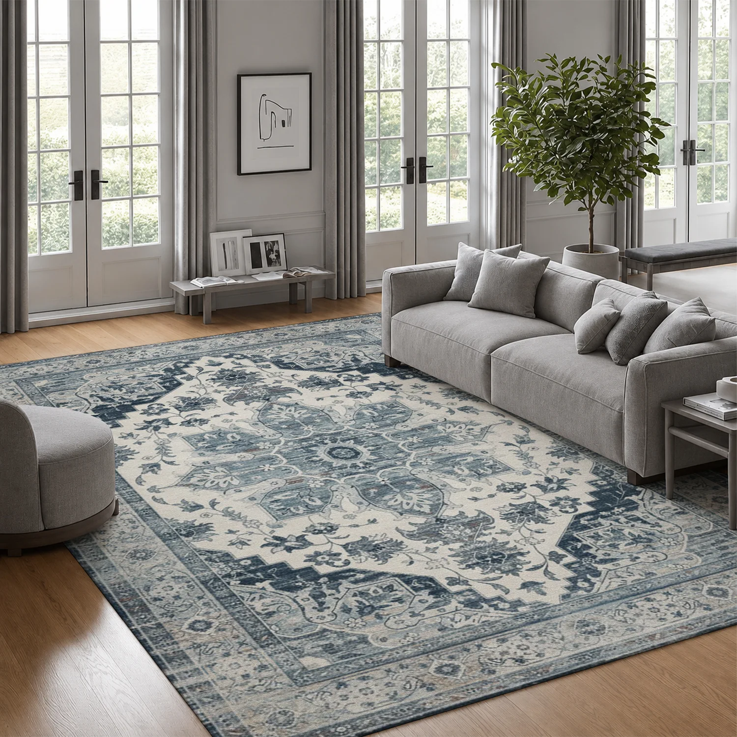Large Indoor Area Rug, Soft Velvet Low Pile Non-slip Dotted Backing Machine Washable Vintage Distressed Medallion Rug for Living Room Bedroom, Blue Cream Accent Area Rug
