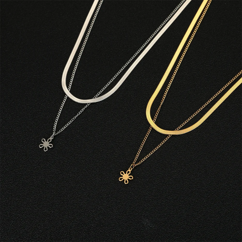 Skyrim Stainless Steel Flower Pendant Necklace For Women Men Silver Color Daisy Double Chain Simple Fashion Jewelry Accessories