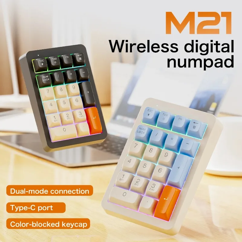 FREEWOLF M21 Wireless Numeric Keypad Bluetooth Dual-Mode Connection 21 Keys Mini Number Pad for Finance/Accounting