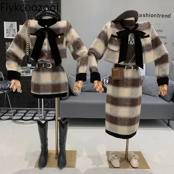 Karierter Bogen mantel hoher Gürtel tasche Hüftrock zweiteiliger Anzug conjunto femenino roupa elegante Kostüm deux Stücke femme