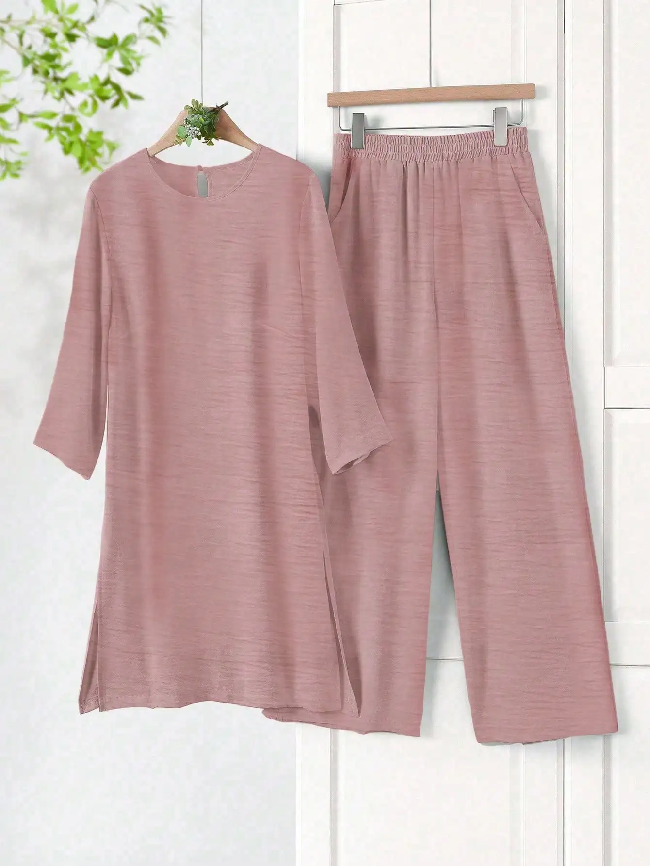 Women's Solid Color Round Neck 3/4 Sleeve Top and Wide Leg Pants Set, Loose Fit Casual Outfit for Spring Fall