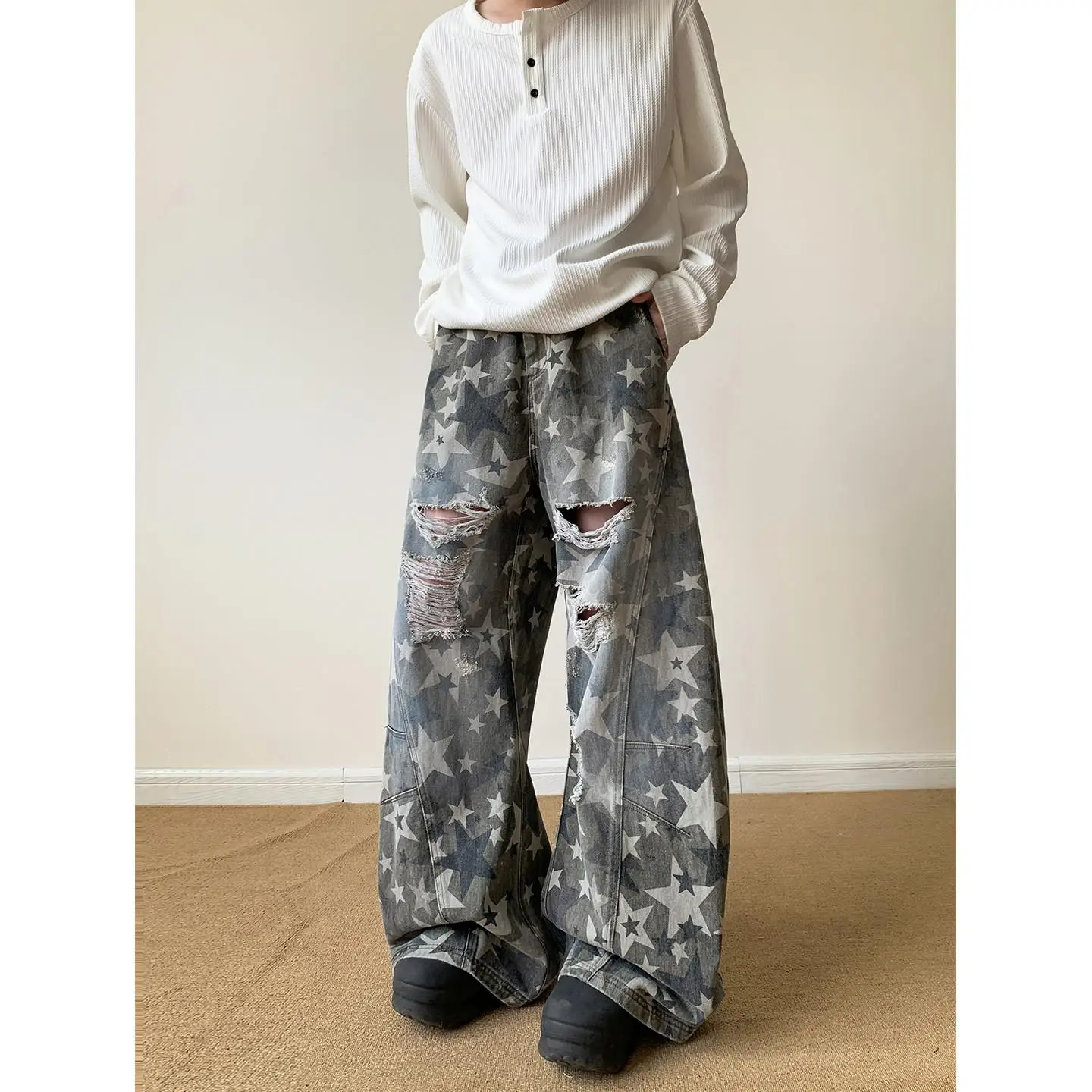 

American Camouflage Star Print Ripped Denim Jeans Men's High Street Deconstructed Design Baggy Wide Leg Pants Casual Summer